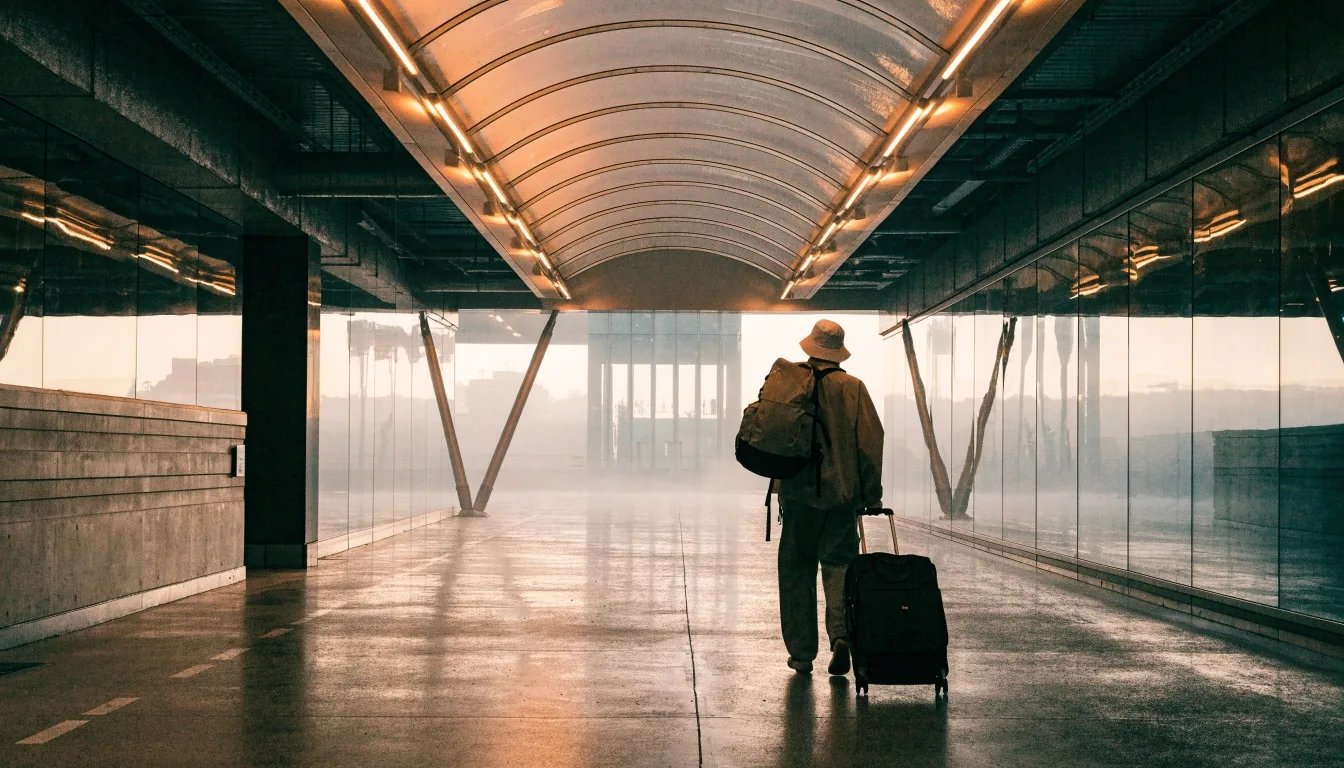 Covered walkway at dawn leading from a Melbourne Airport car park toward the terminal entrance