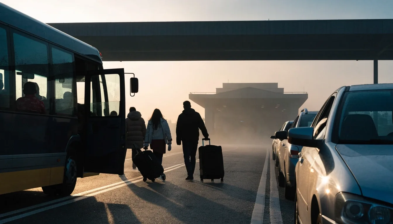 Fog-soft dawn over the Melbourne Airport terminal roofline seen from the car park apron