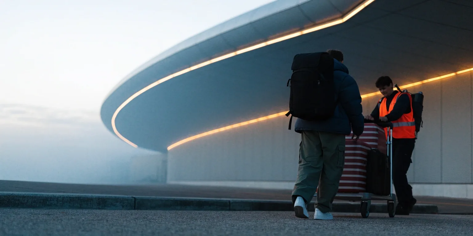 Fog-soft dawn over the airport terminal curved roofline with warm canopy lighting