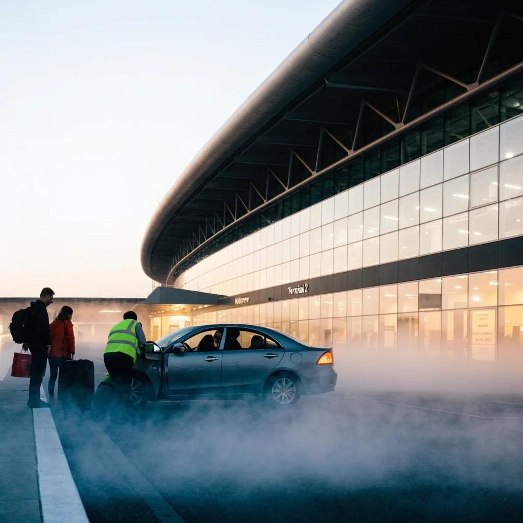Melbourne Airport Terminal 2 kerb at dawn, glass facade and fog-soft tarmac outside the departure area