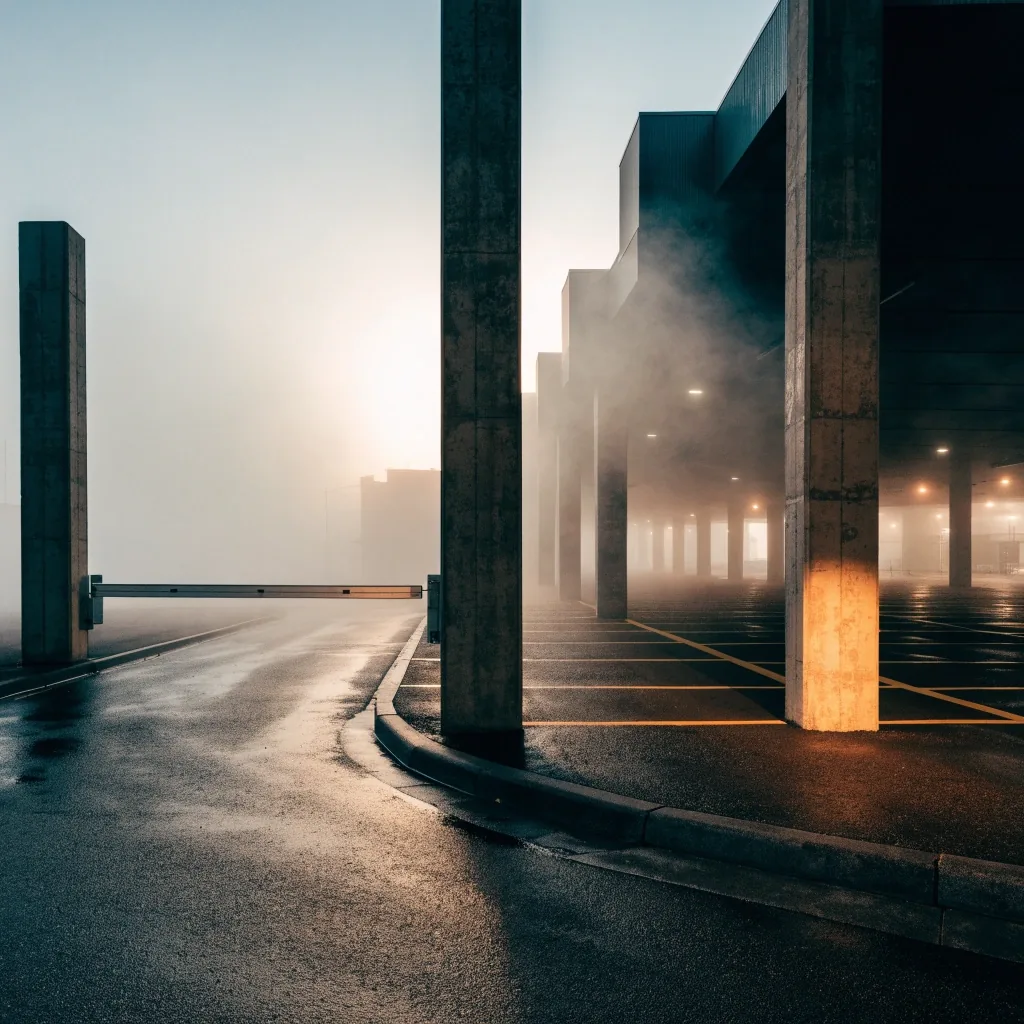 Airport car park entrance in dawn fog with a raised boom gate
