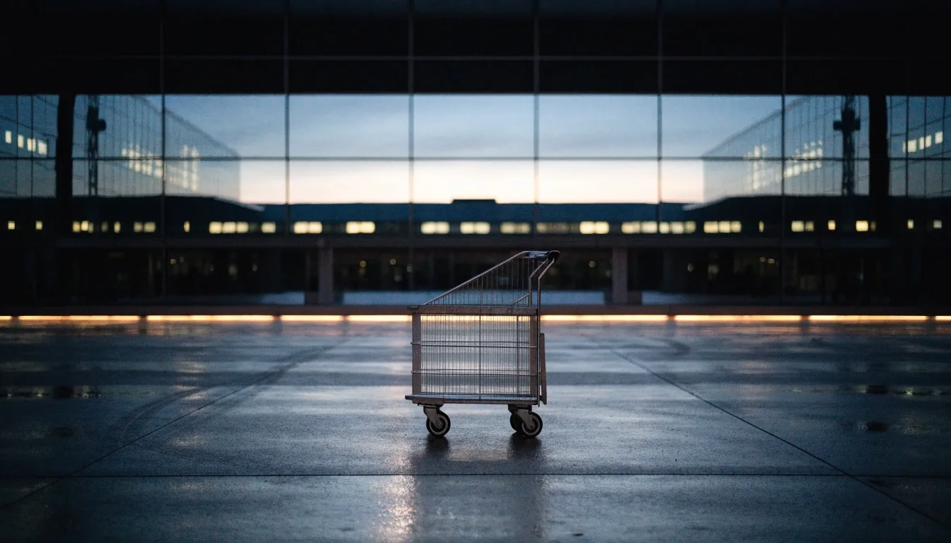An empty airport drop-off zone at dusk with a luggage trolley