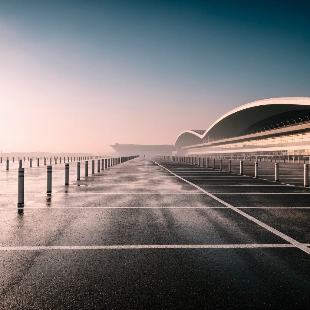 Fog-soft dawn over the curved terminal roofline