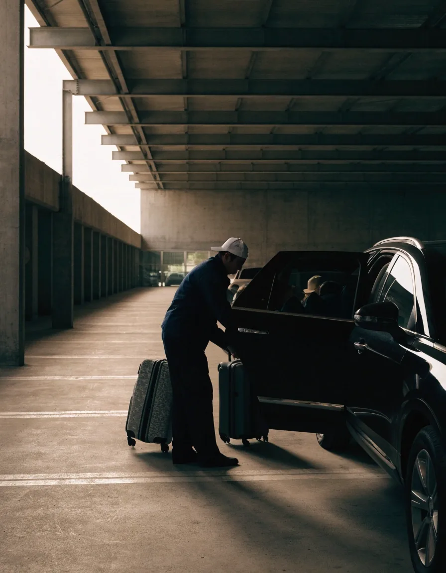 A driver handing car keys to a valet attendant at the car park entrance at dawn