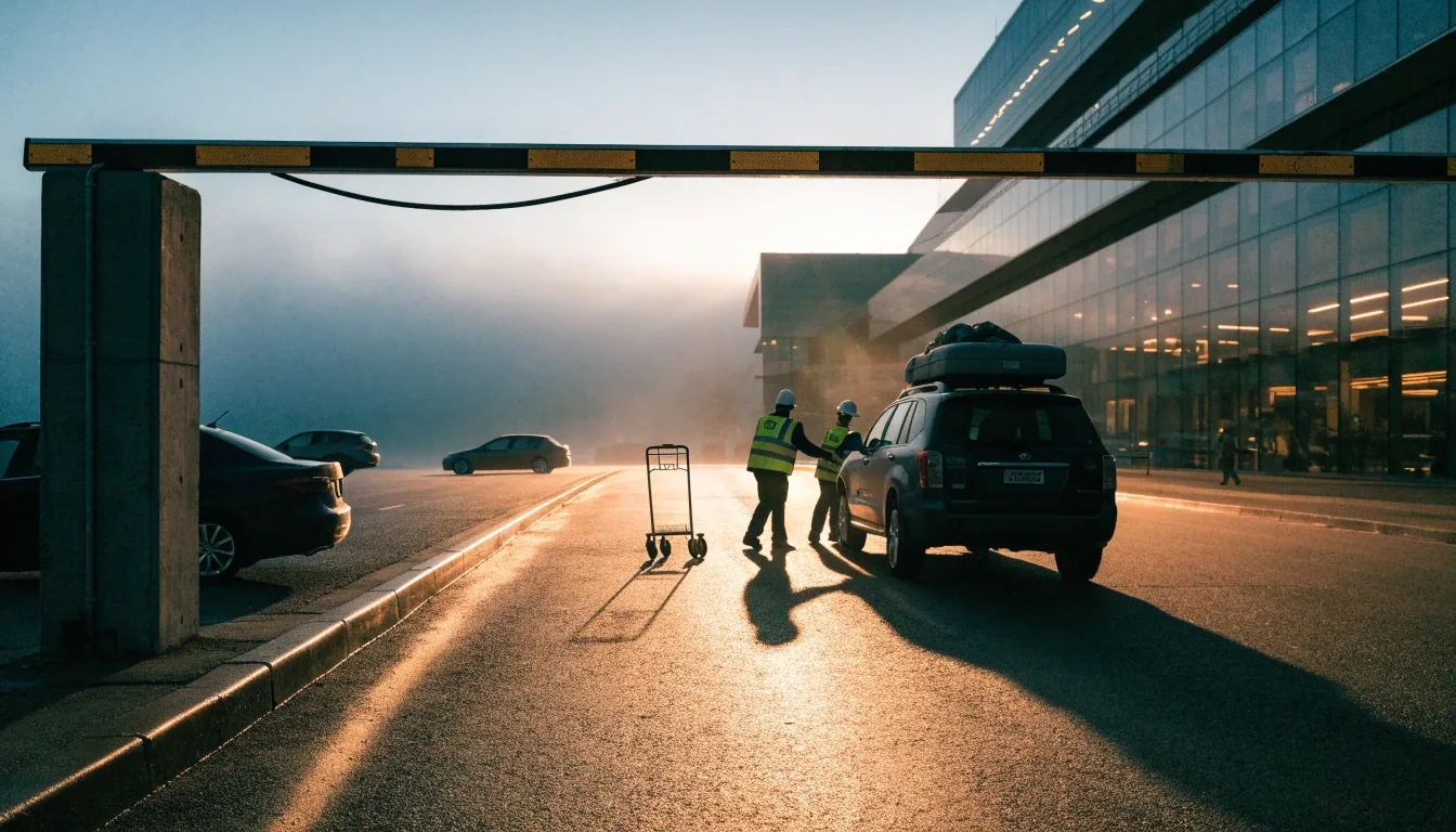 An empty drop-off zone at dawn with a single luggage trolley mid-frame