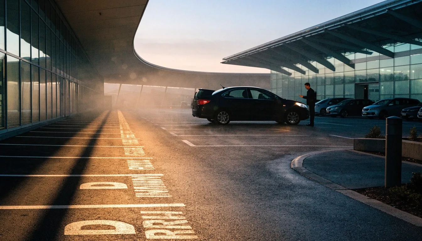 Empty row of close-walk car park bays at foggy dawn beside the terminal