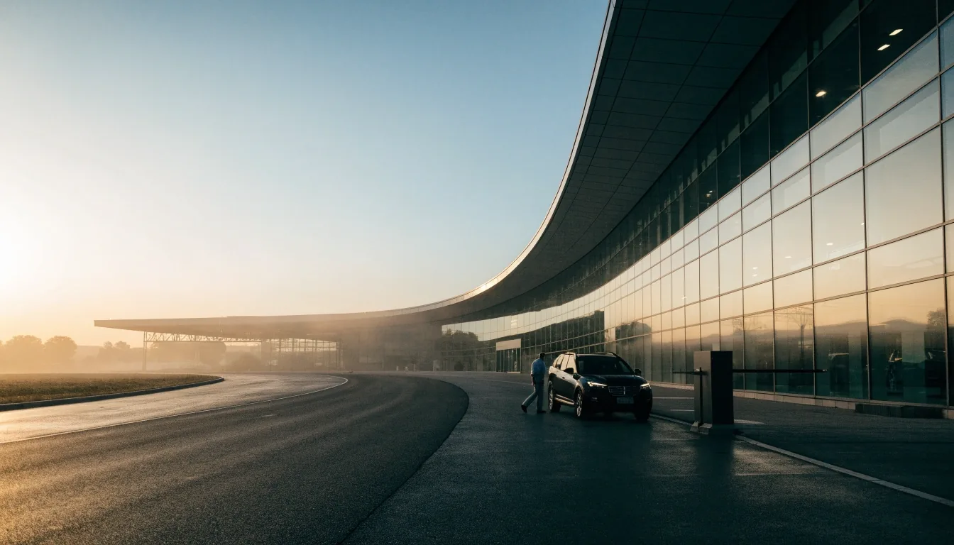 Fog-soft dawn over the curved terminal roofline at Melbourne Airport