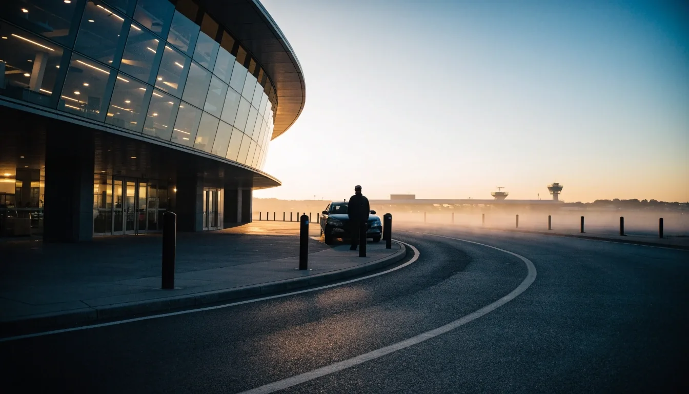 Melbourne Airport Terminal 2 departure kerb in first light with tarmac haze