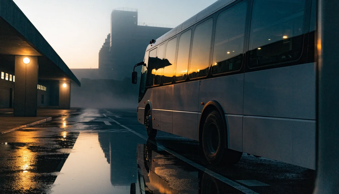 Shuttle bus at rest in a value car park bay at dawn with the terminal in fog behind