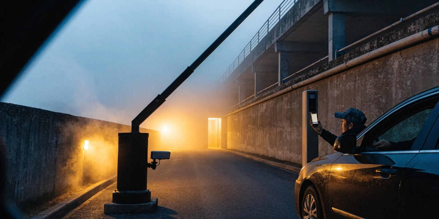 Raised boom gate arm at a car park entry lane with concrete walls at dawn
