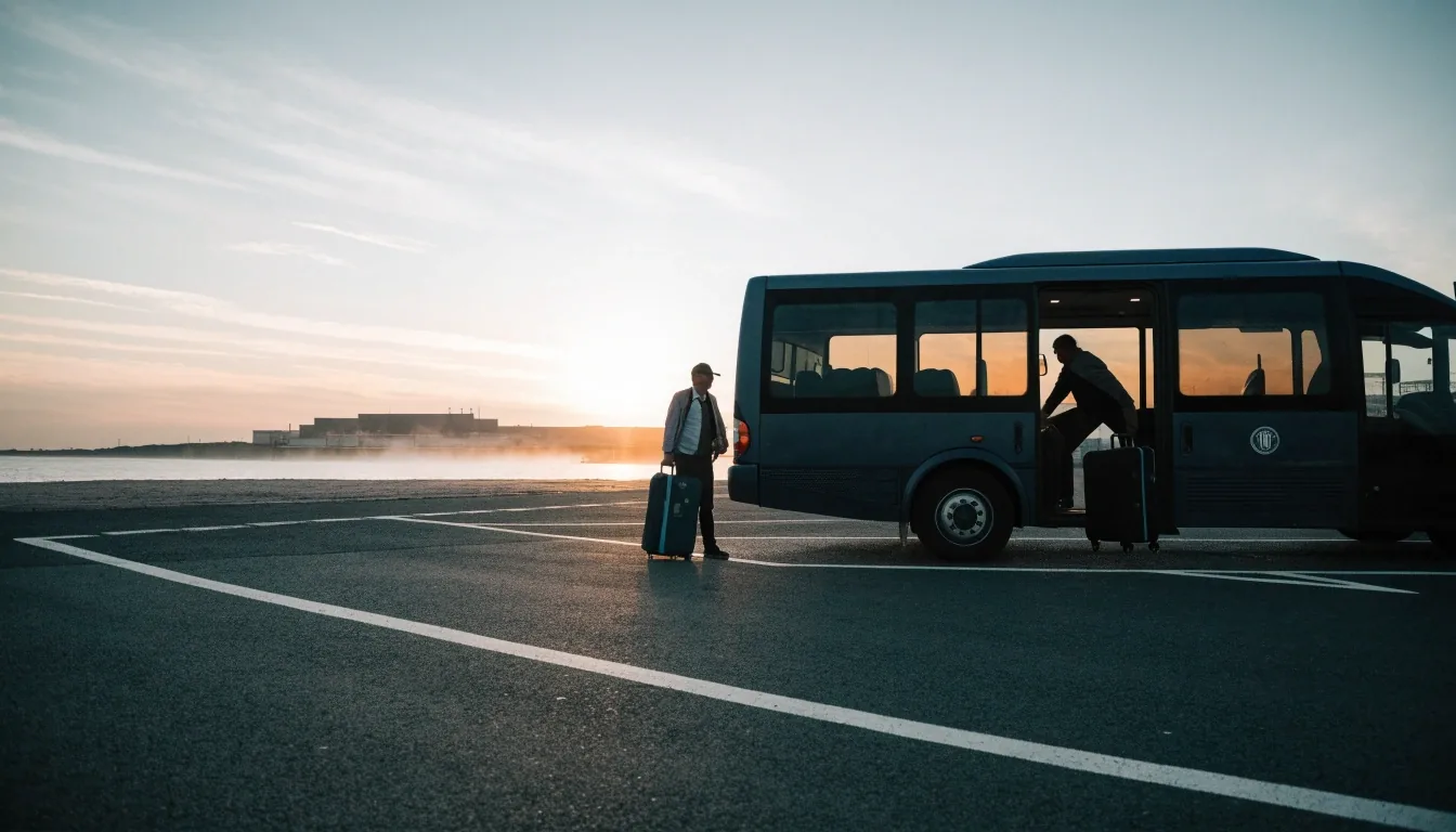 Shuttle bus at rest in a value car park bay at dawn with the terminal far behind