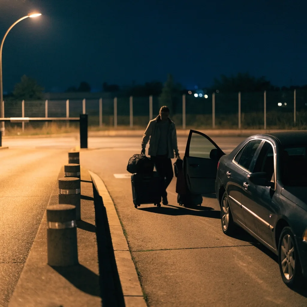 Traveller walking back to a multi-level car park at dusk with luggage