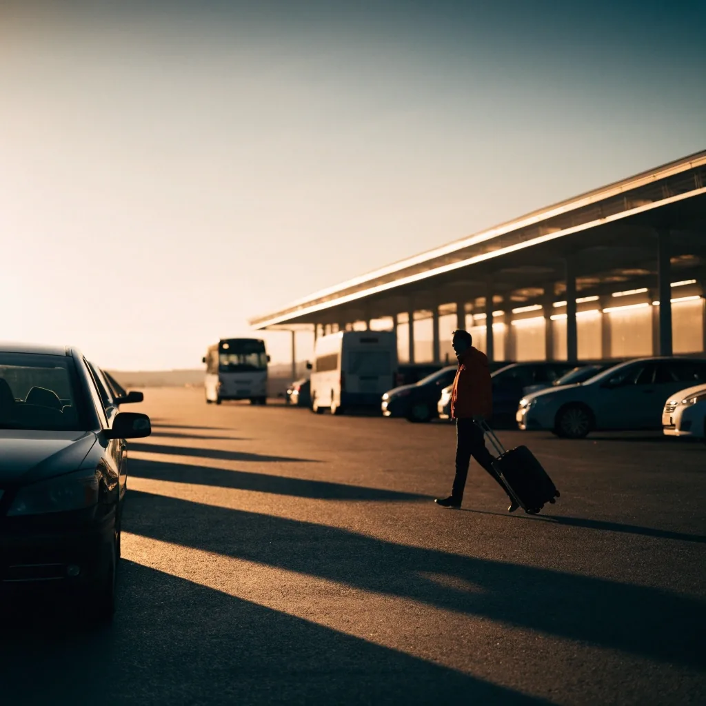 Traveller with luggage on the kerb outside Melbourne Airport terminal at first light
