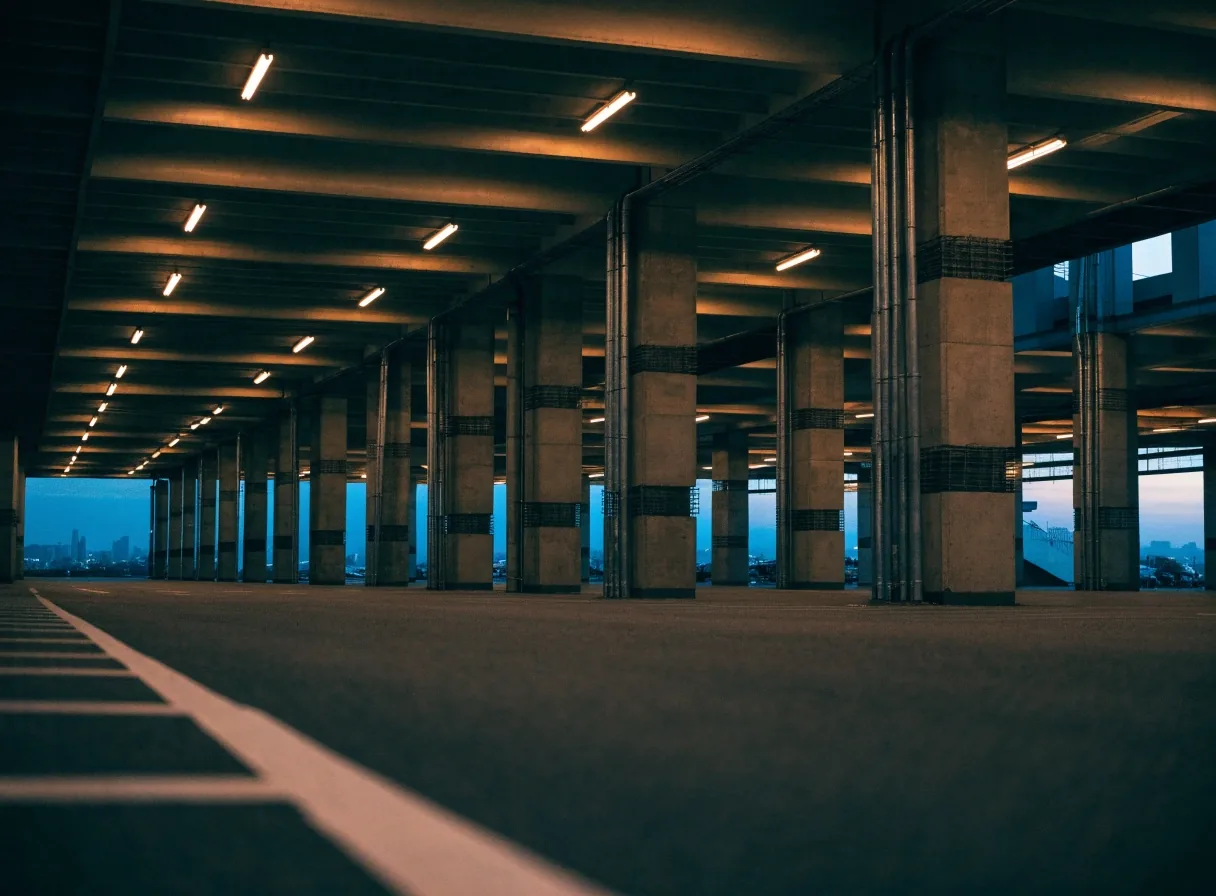 Empty airport car park level at dusk with strip lighting along bare concrete columns