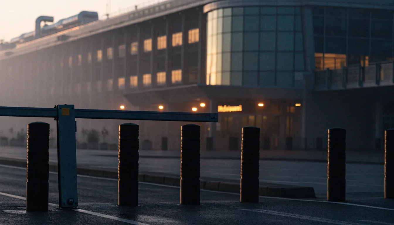 Fog-soft dawn over the curved terminal roofline seen from an airport car park deck