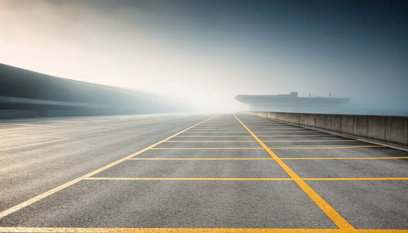 Empty marked parking bays in a Melbourne Airport terminal car park at foggy dawn