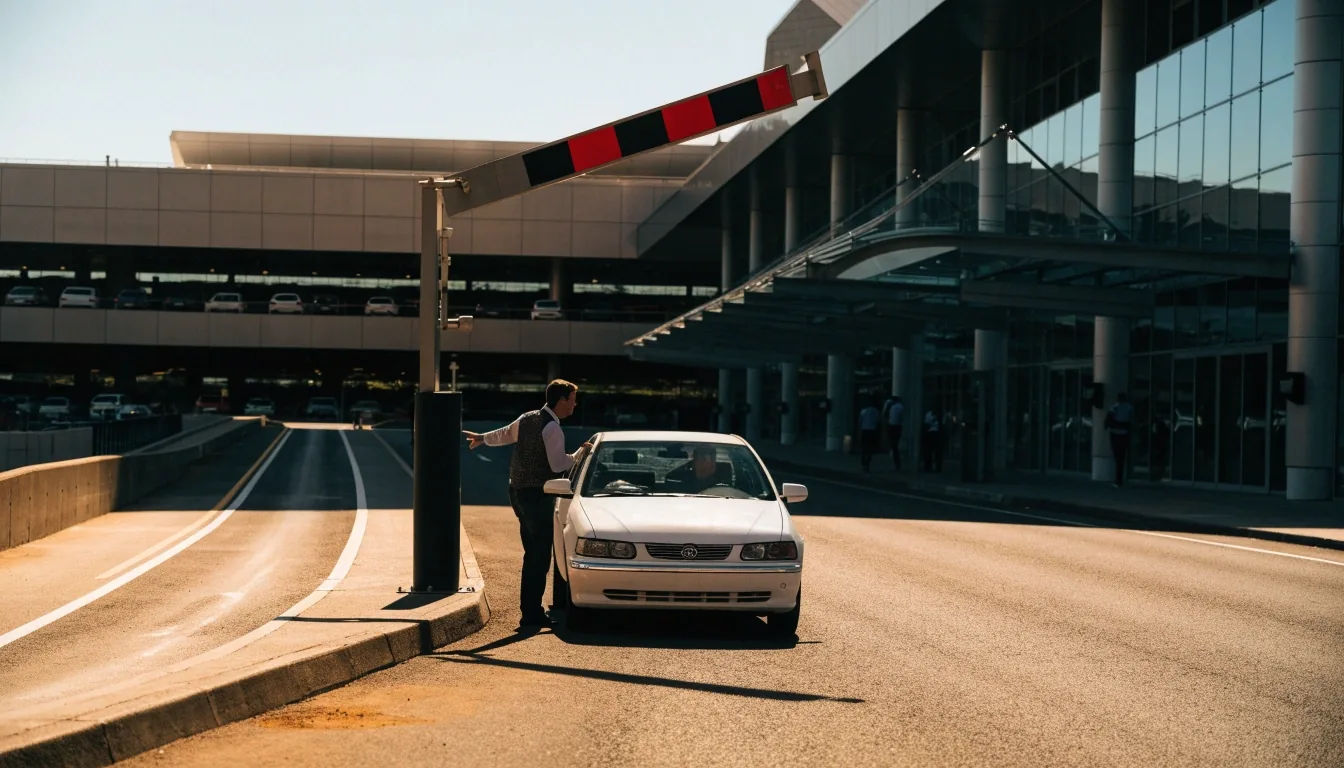 Melbourne Airport Terminal 2 departure kerb at first light, glass facade and tarmac haze