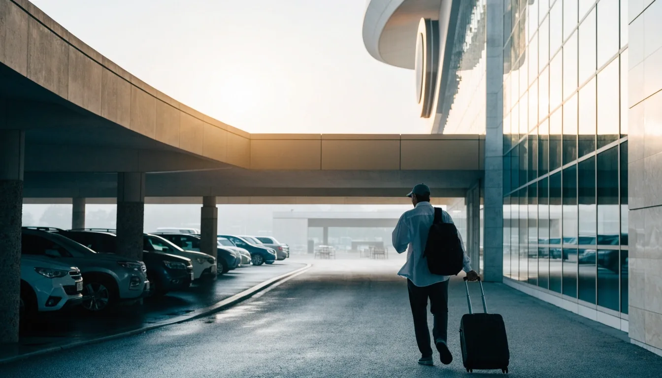 Raised boom gate arm at a Melbourne Airport terminal car park entrance at dawn