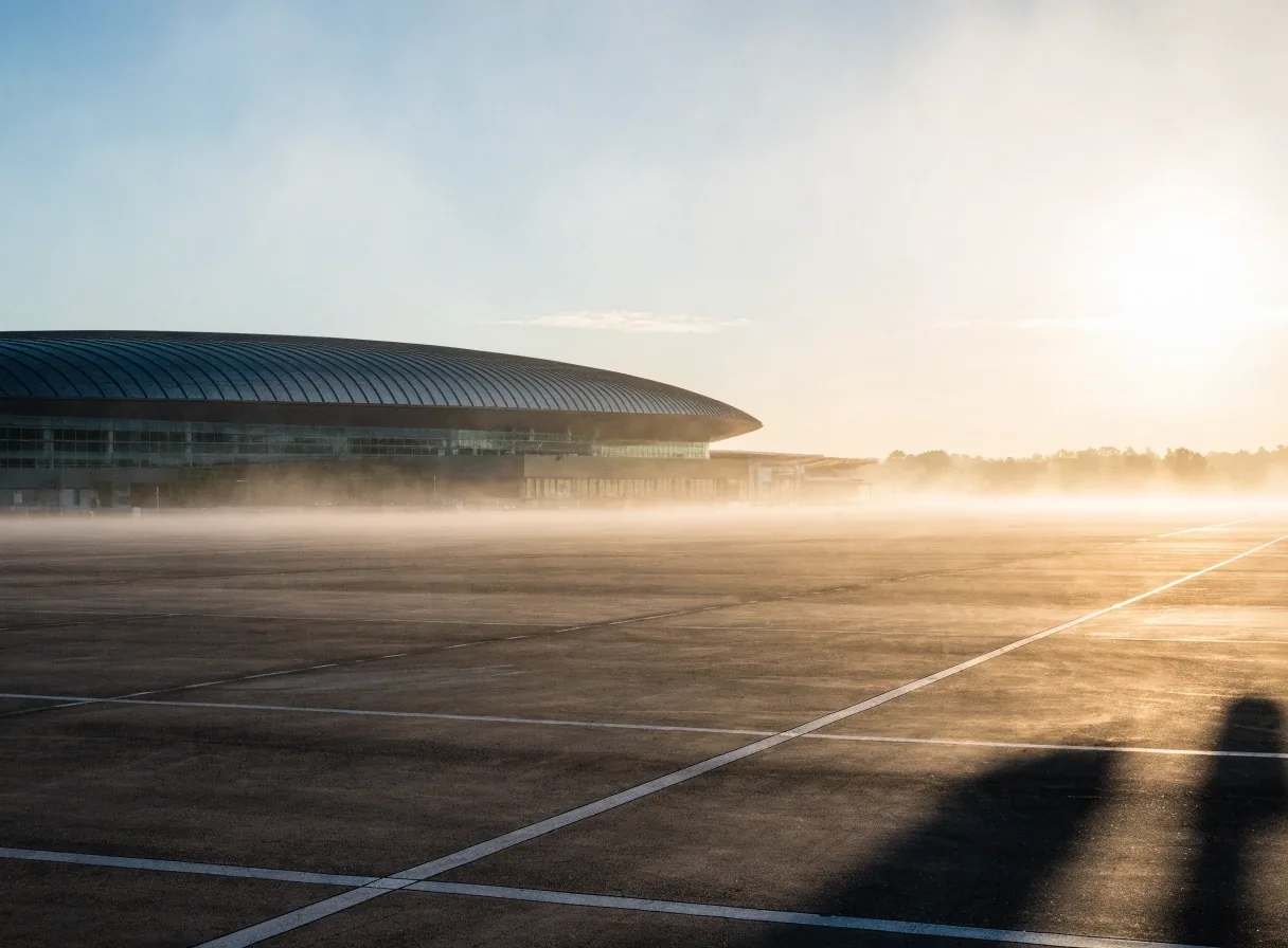 A wide dawn view across an airport parking apron towards a curved terminal roofline