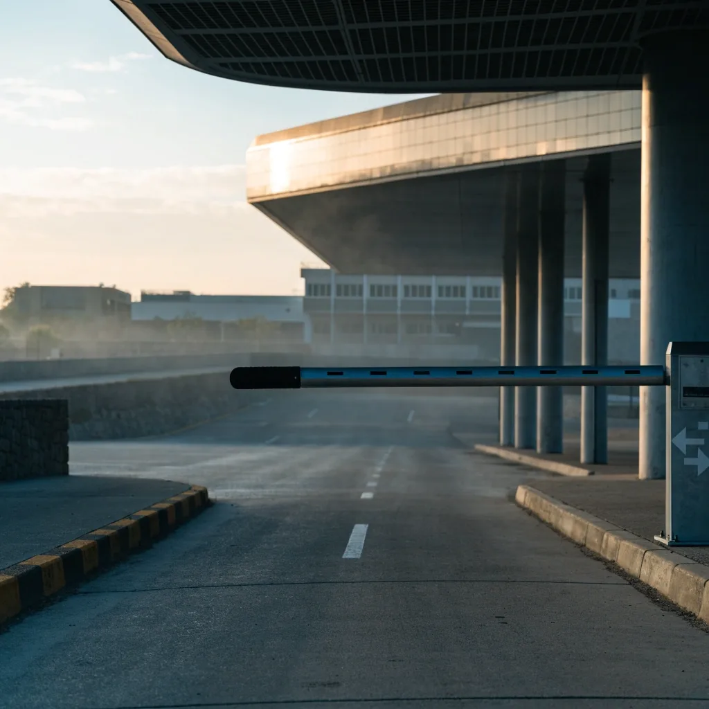 An empty multi-level car park level at Melbourne Airport at dawn, seen from a low angle along a row of marked bays