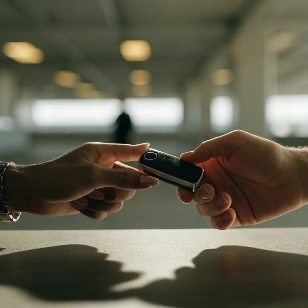 A key fob being handed over at a valet counter under warm light at Melbourne Airport
