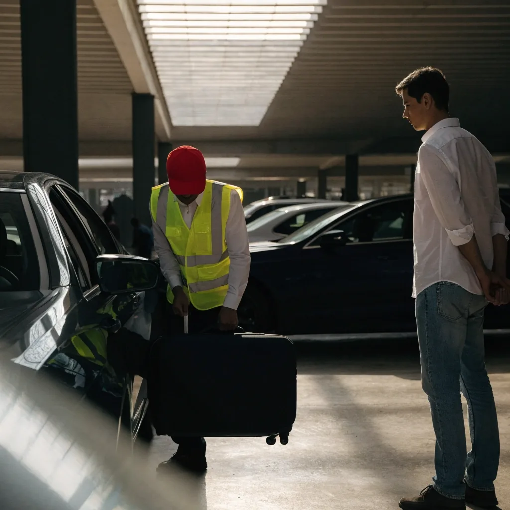 A driver handing car keys to valet staff beside an open boot with luggage