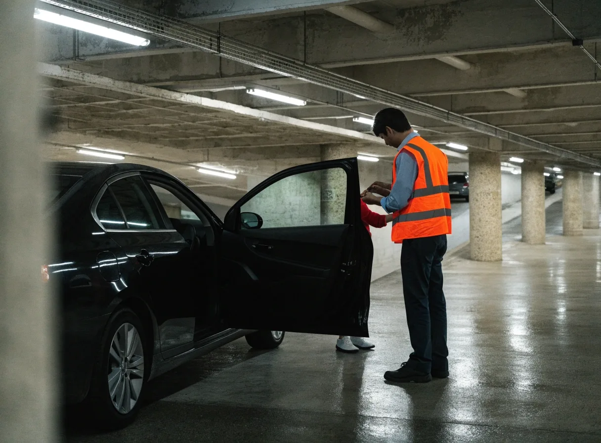 Interior of the T123 Car Park at Melbourne Airport with concrete columns and level ramp