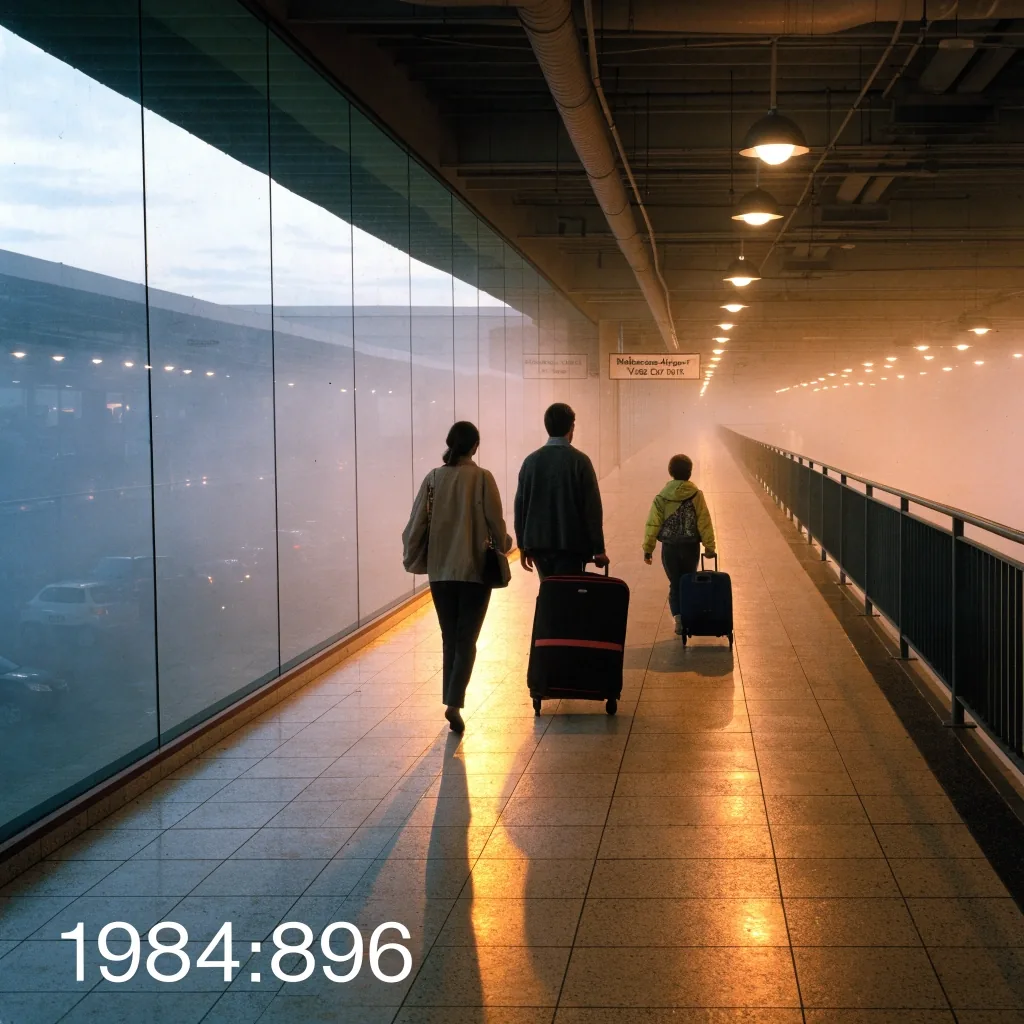 A family walking with wheeled luggage along a warm-lit covered walkway toward a car park shuttle stop
