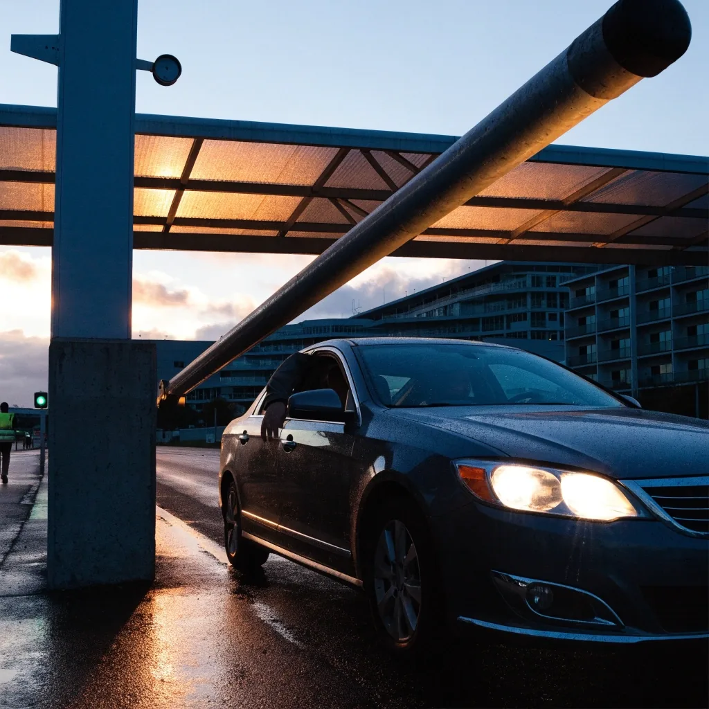 A raised boom gate arm at the entrance to a Melbourne Airport car park at dawn