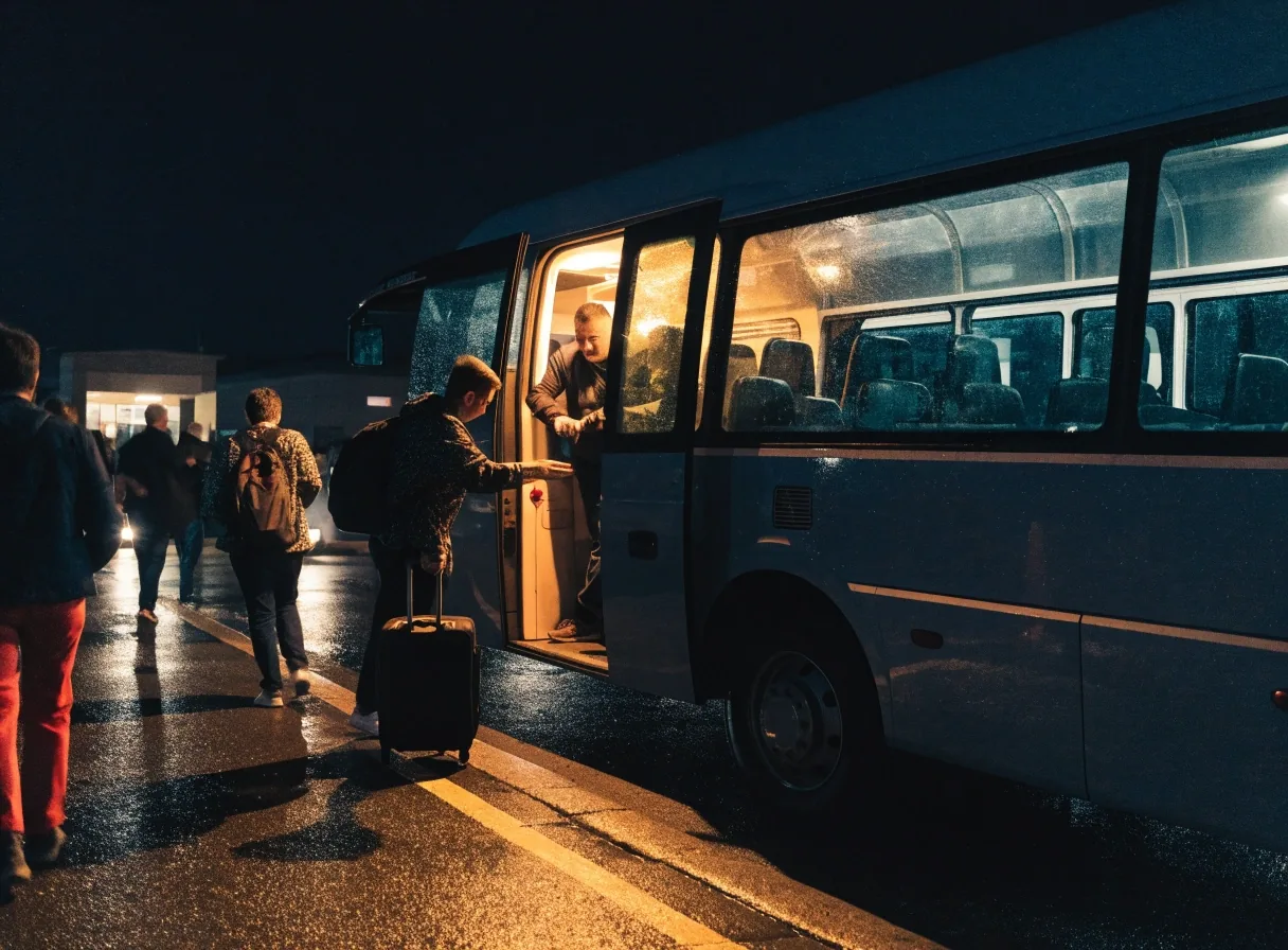 A shuttle stop kerb and painted bus zone outside a value car park at dawn