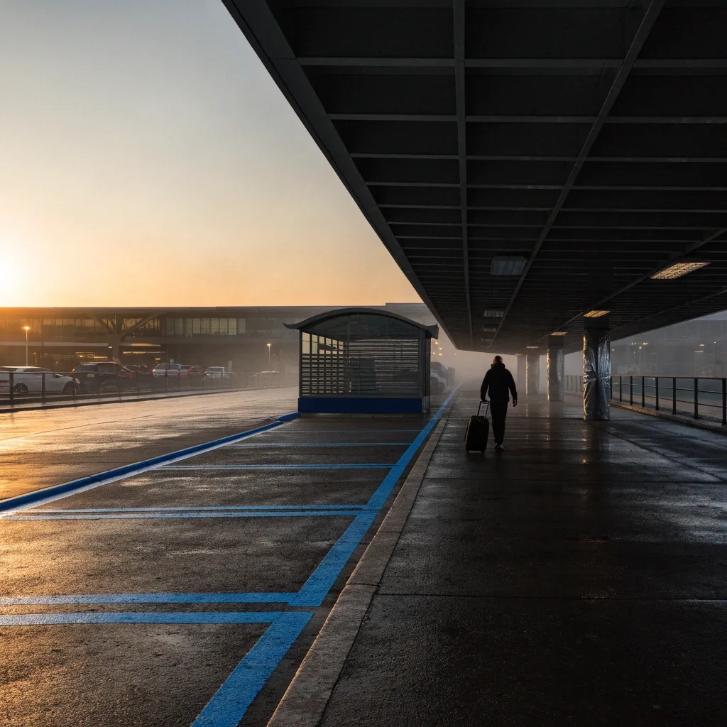 Empty accessible parking bays beside a covered walkway at a Melbourne Airport value car park