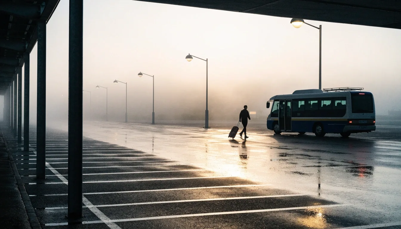 Rows of painted bays in an empty Melbourne Airport long-stay value car park at dawn, fog across the far edge