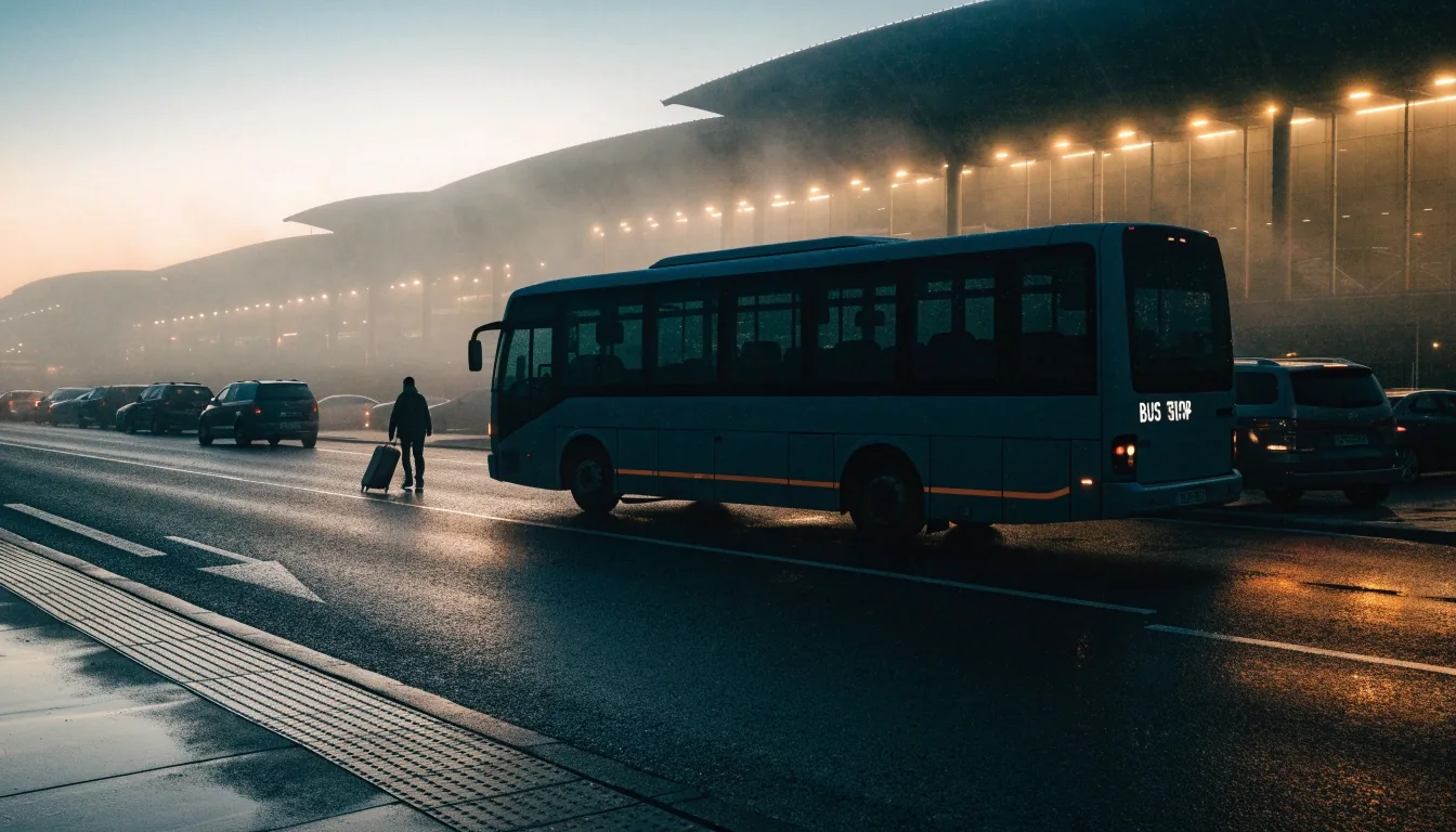 Shuttle bus crossing a Melbourne Airport value car park lane at dawn, terminal silhouette soft in fog