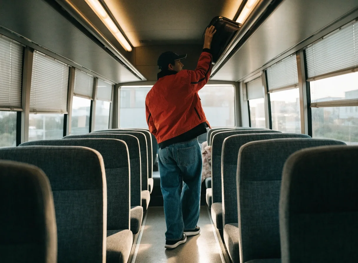 The empty aisle of a Melbourne Airport shuttle bus lit by warm overhead strip lighting